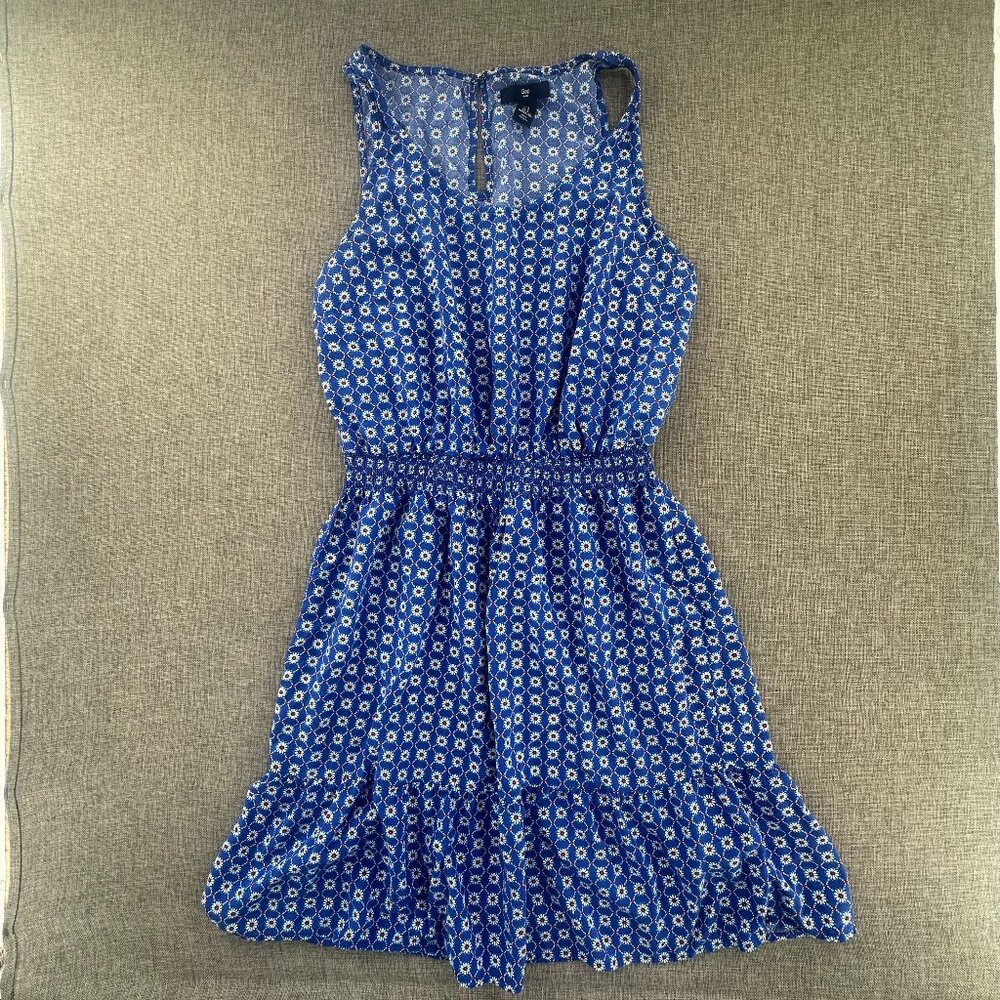 Gap Floral Dress Blue Small Sleeveless Rayon Ruffled Hem Cinched Wast